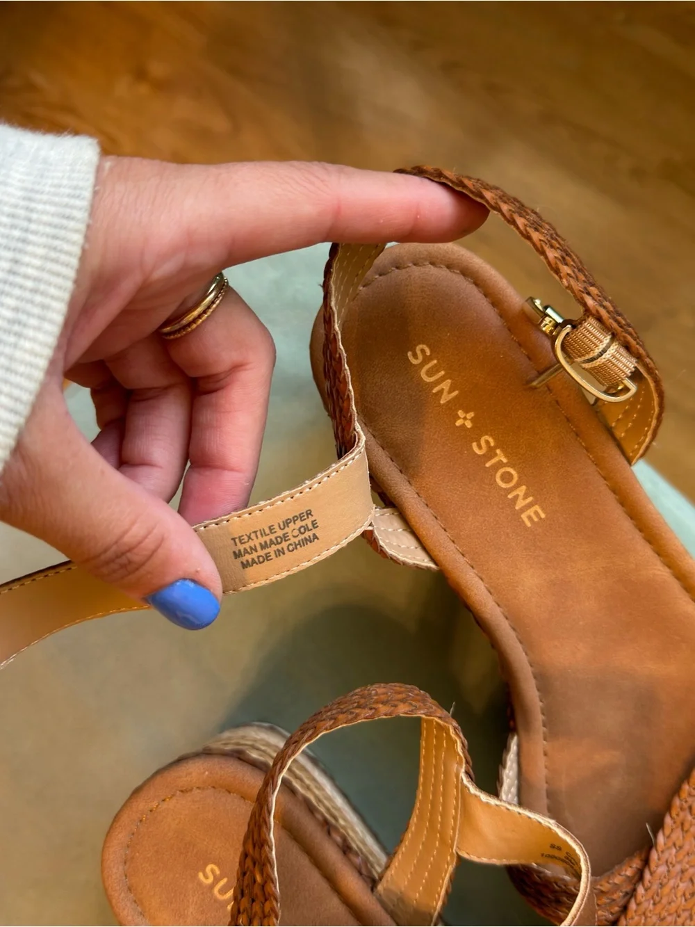 Sun + Stone Tan Braided Strap Wedge Sandals